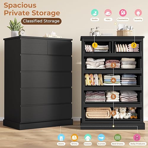 Miniatura 4 de DICTAC Cómoda alta negra para dormitorio con 6 cajones, cómodas y cajoneras altas de 43.9", organizador moderno de madera para armario y gabinete de