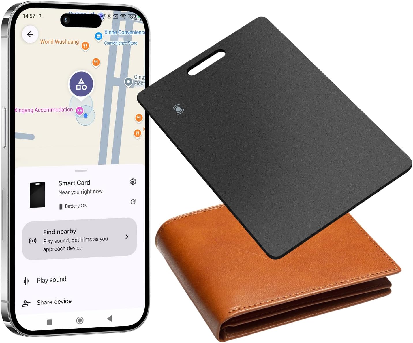 Product image of Wallet Tracker per Android, portafoglio tracker scheda Thin 2 mm, compatibile con Google My Dispositivo (solo Android), IP68, impermeabile, ricarica wireless, tracking card per valigia/borse, nero