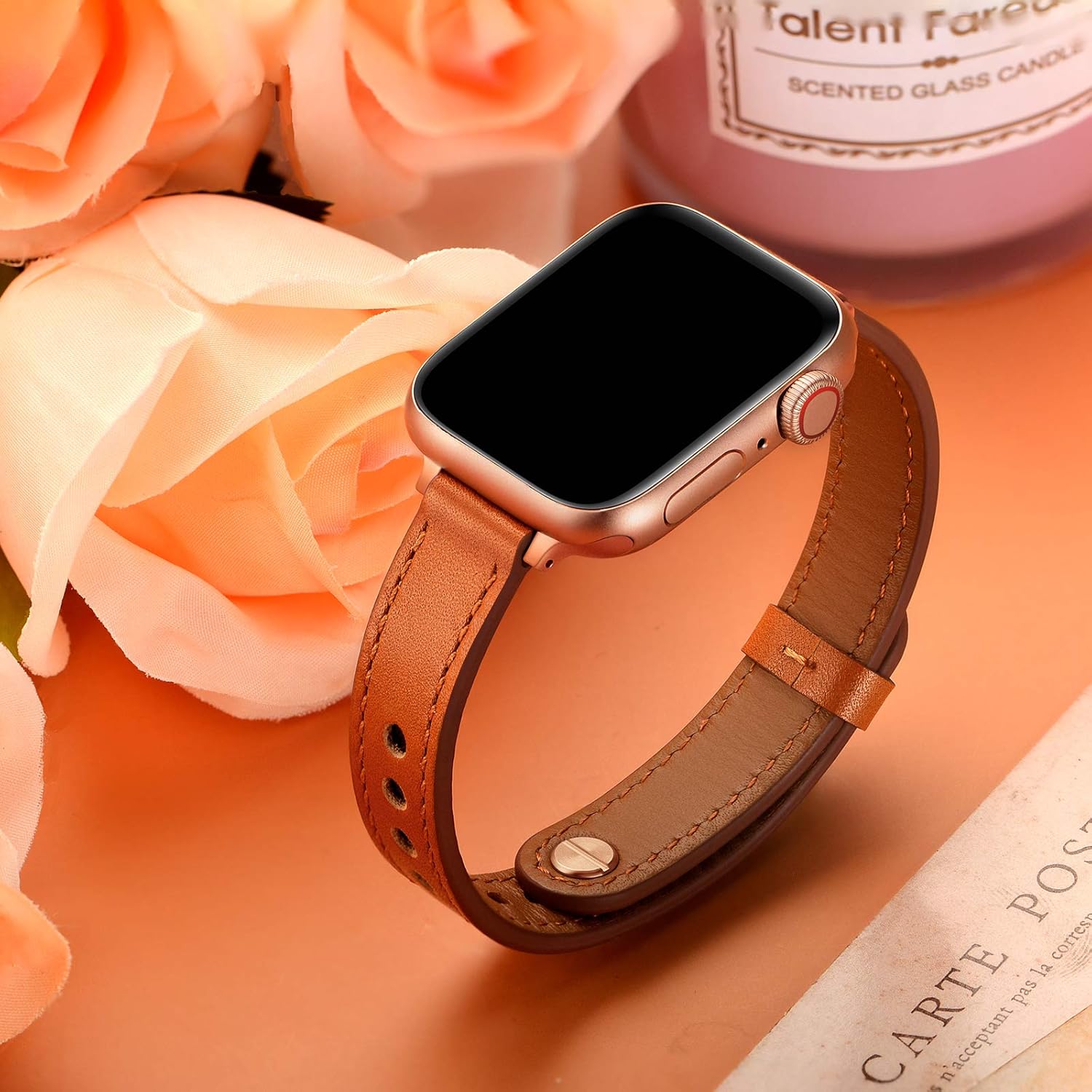 OUHENG Slim Bands Compatible with Apple Watch Band 42mm 41mm 40mm 38mm, Women Genuine Leather Replacement Thin Strap for iWatch SE 3/2/1 Series 11 10 9 8 7 6 5 4 3 2 1 (Brown/Rose Gold) - Image 5