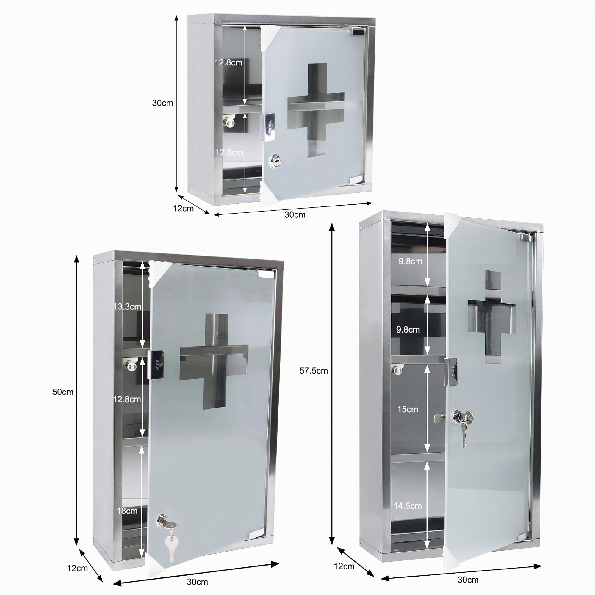 LZQ Armoire à pharmacie verrouillable en acier inoxydable à 4 compartiments avec porte en verre et 2 clés (L 30 x l 12 x H 57,5 cm)