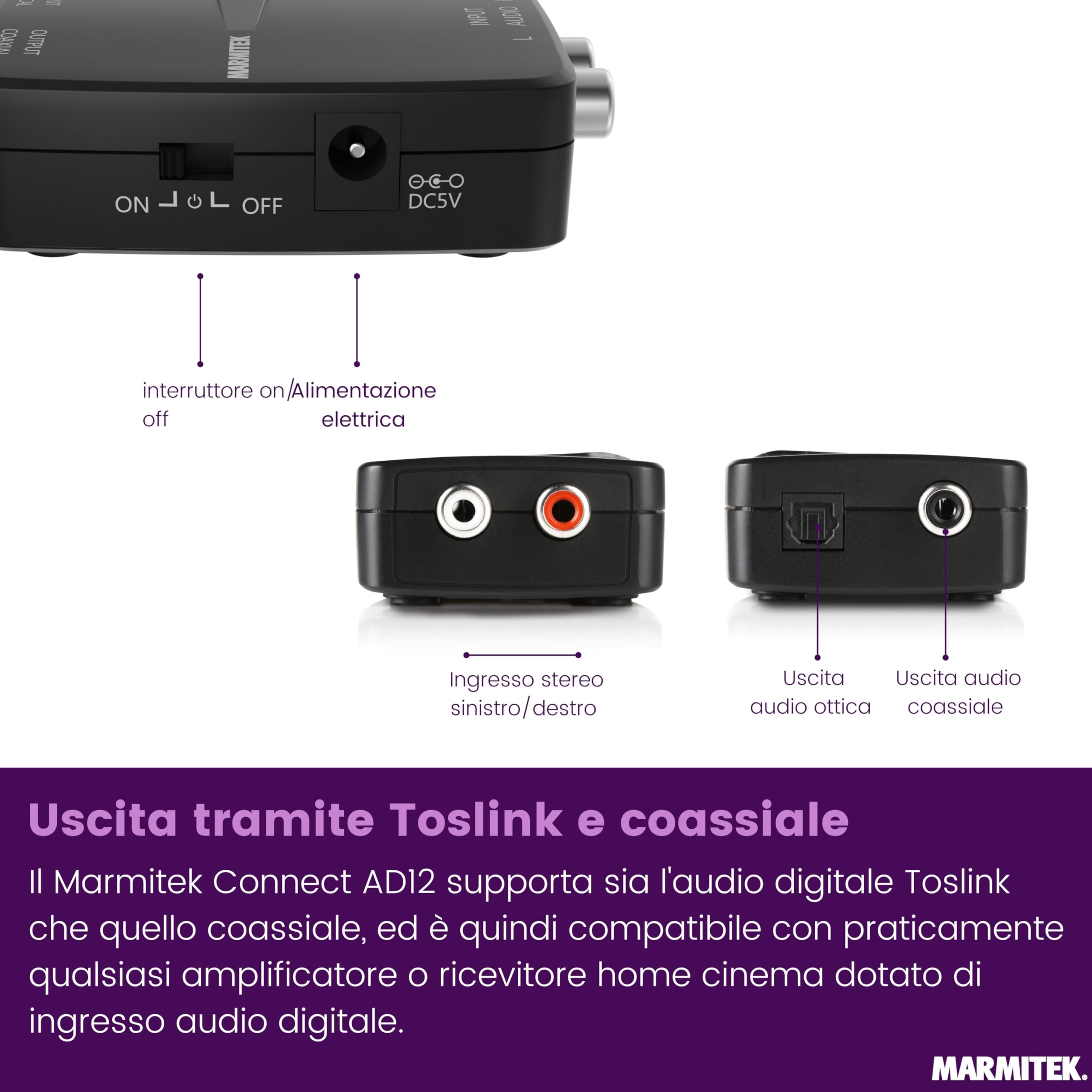 Marmitek Connect AD12 - Convertitore ADC audio analogico digitale RCA | Convertitore audio per TV, amplificatore e soundbar, RCA a Toslink o coassiale, LPCM 48 kHz e Plug & Play
