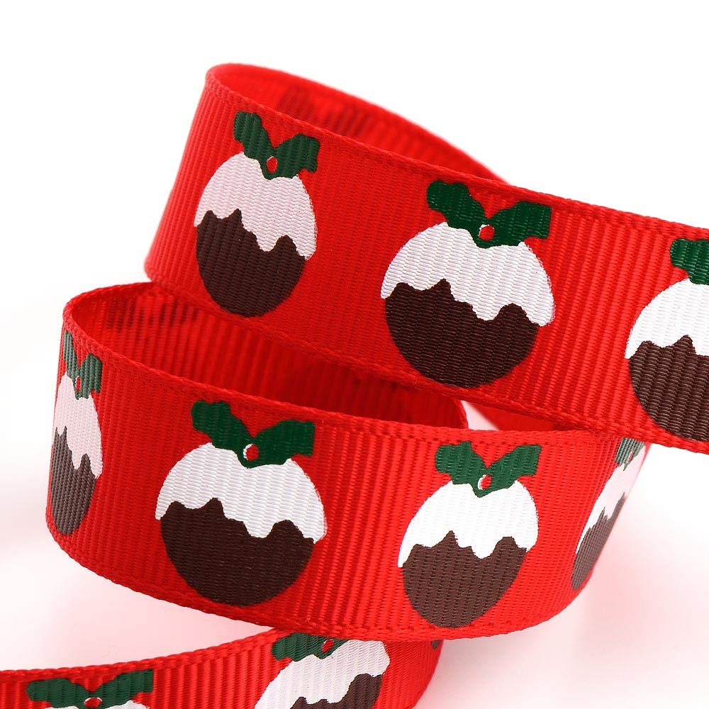 Italian Options Christmas Puddings Grosgrain Ribbon, Christmas Ribbon for Crafts, Gift Wrapping, Wreaths, Tree Decorations, Hair Bows, Red Xmas Pudding, 16 mm x 5 Metre Roll