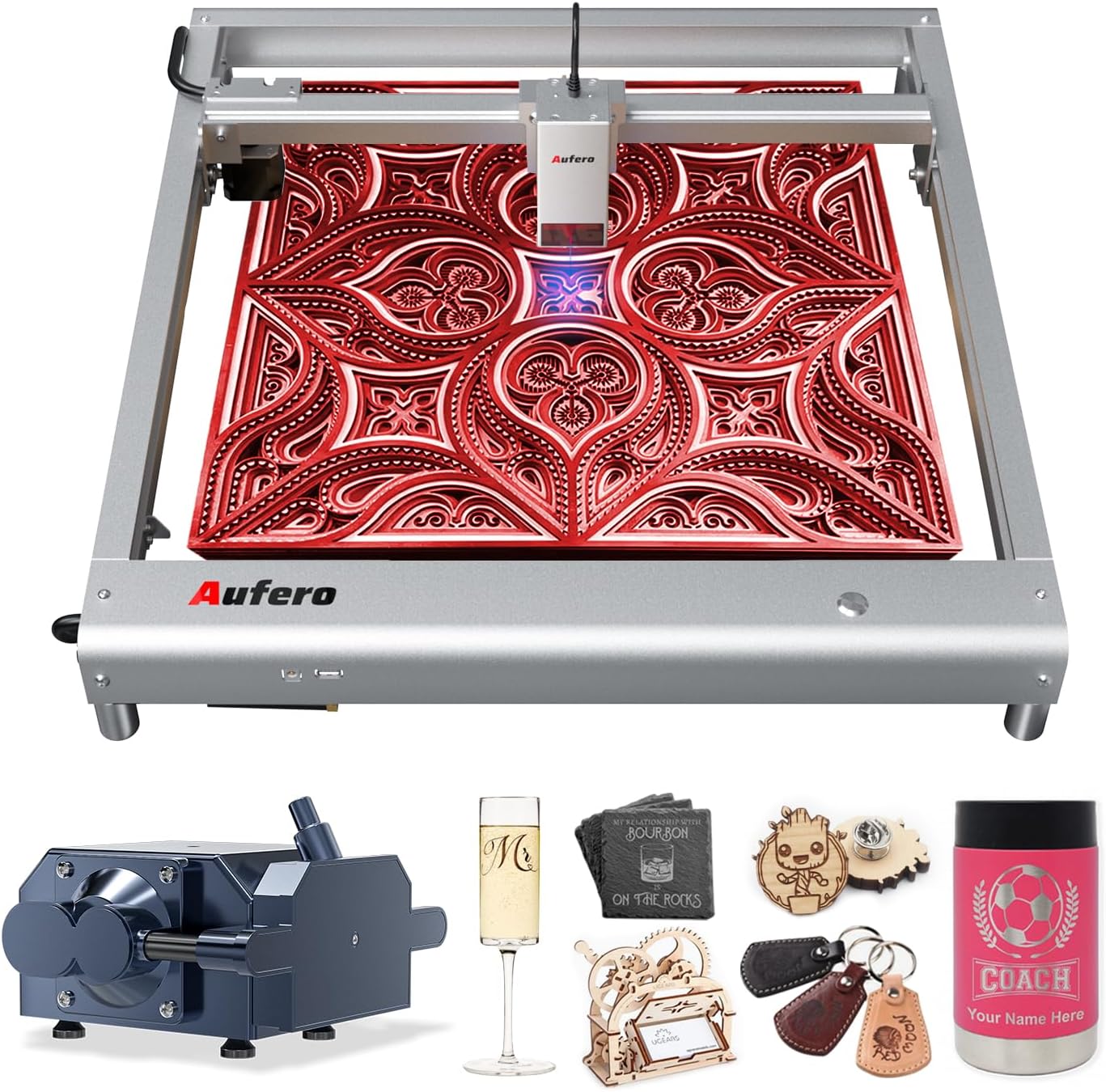 Aufero Laser Engraver AL3-20A with various engraved samples