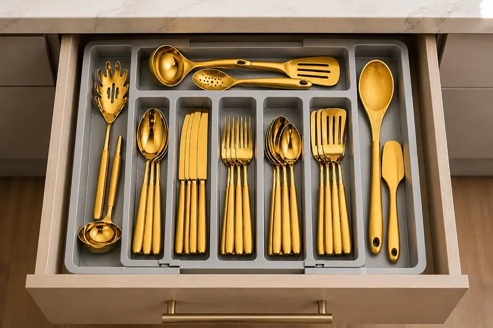 Porta Talher Cinza Extensor Organizador Gaveta Versátil Ajustável Expansível 8 Divisórias Multiuso Divisor Talheres Cozinha Premium