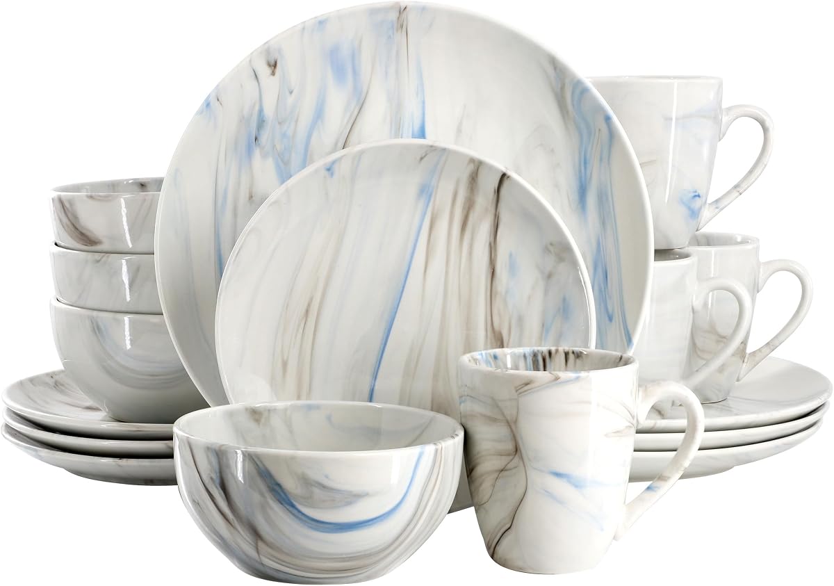 Juego de vajilla de porcelana de 16 piezas de mármol fino, juego de vajilla, comedor diario, servicio para 4 (azul/gris)