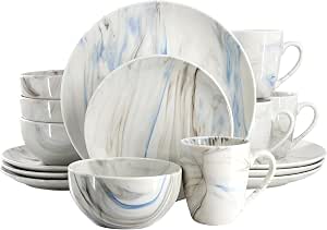 Elama Fine Marble 16-Piece Porcelain Dinnerware Set, Service for 4 (Blue/Gray)