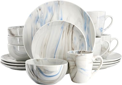Elama Fine Marble 16 Piece Porcelain Dinnerware Set, Tableware Set, Everyday Dining, Service for 4 Blue/Gray