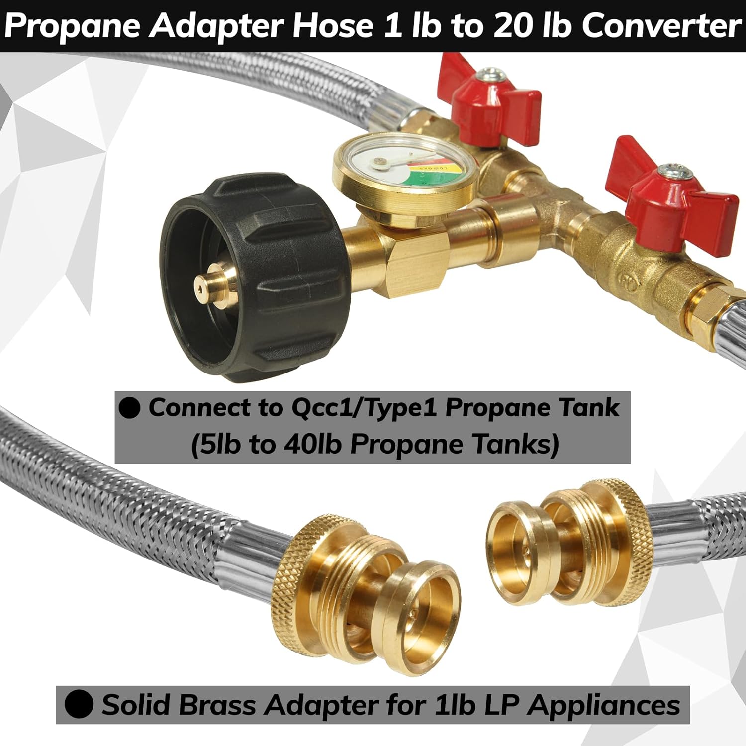 5FT Propane Hose Splitter,Stainless Braided Propane 2 Way Y Splitter Adapter Hose with Gauge,1 lb to 20 lb Converter with Shut Off Valve, Propane Hose Adapter 1lb Appliance to QCC1 5-40lb Tank,350PSI