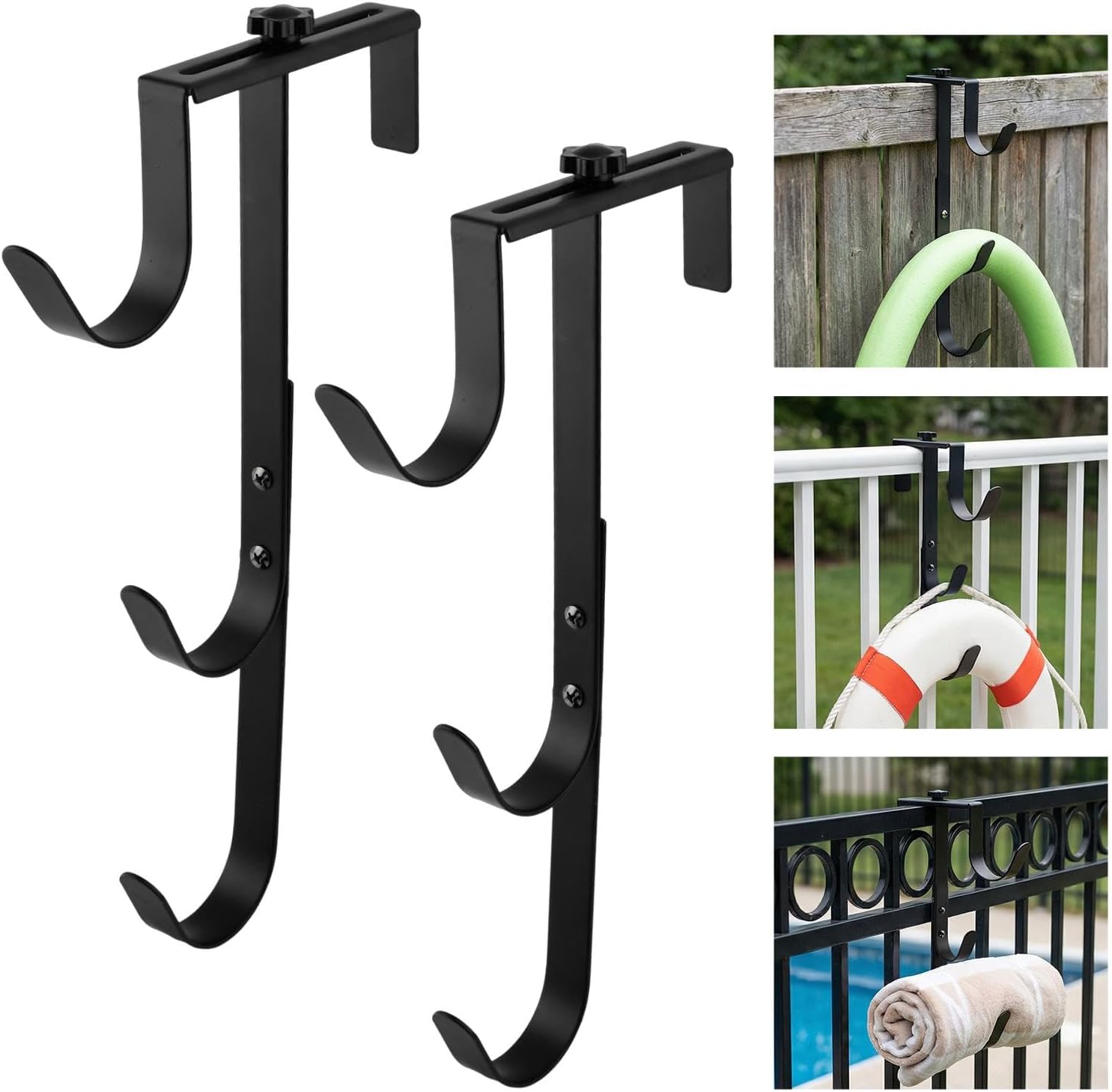 2Pack 3-Tier Pool Fence Hooks for Pool Equipment, Metal Pool Pole Hanger