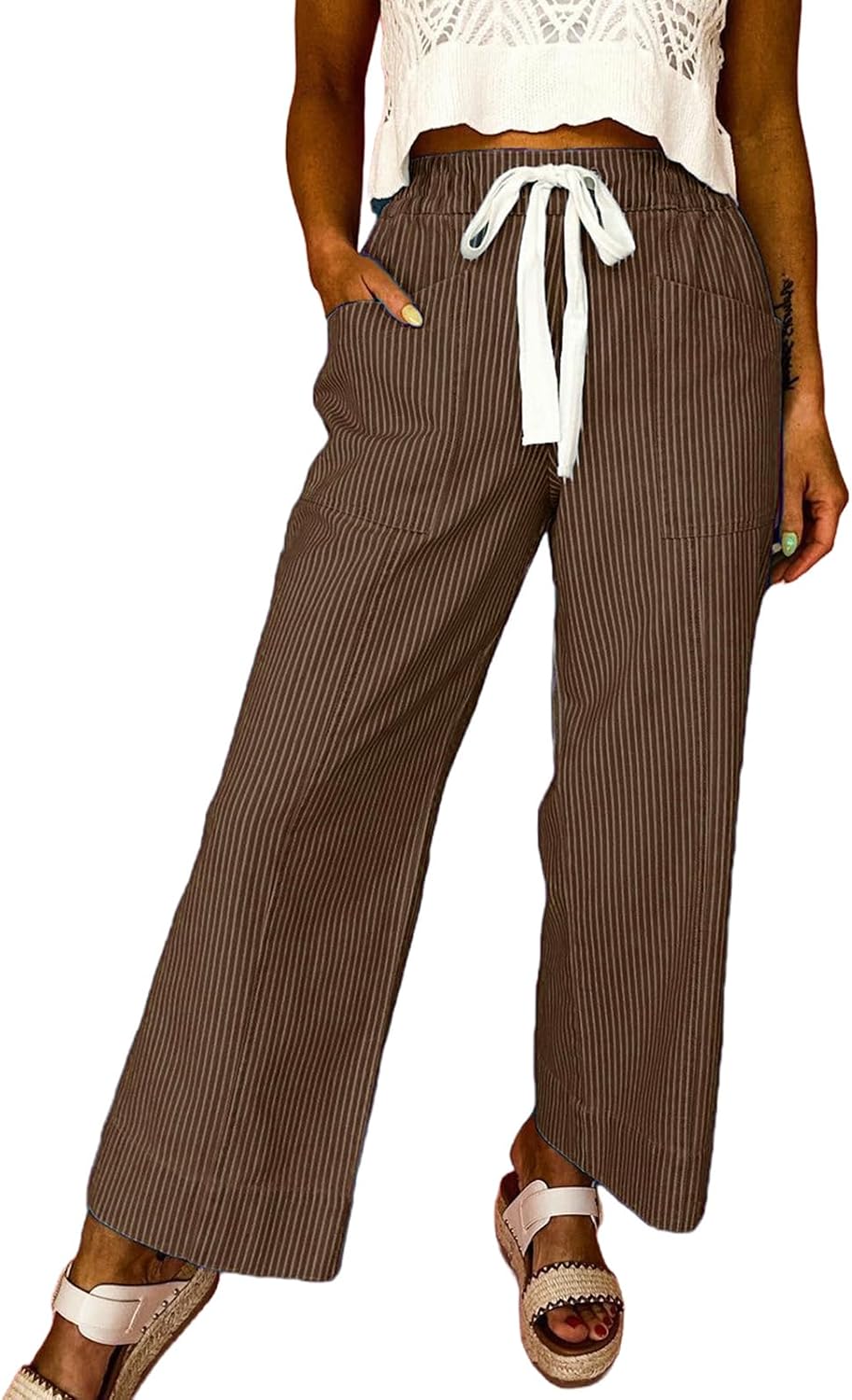 Acelitt Women Elastic Waist High Striped Pants, S-XXL