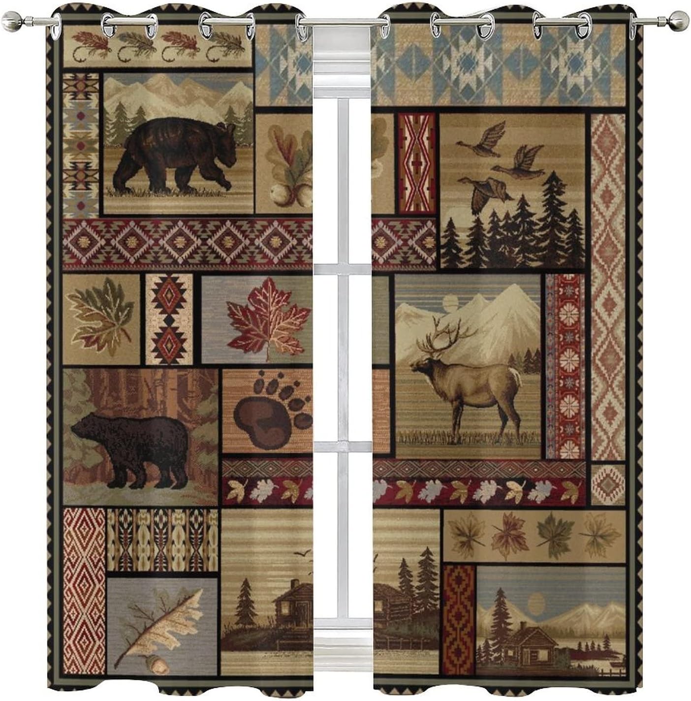 Vintage Deer Bear Farmhouse Ultra Soft Premier Blackout Curtains,Retro Cabin Lake Country Lodge MooseThermal Insulated Bedroom Noise Reducing Patio Door Grommet Top,2 Panels 63L x 27.5W