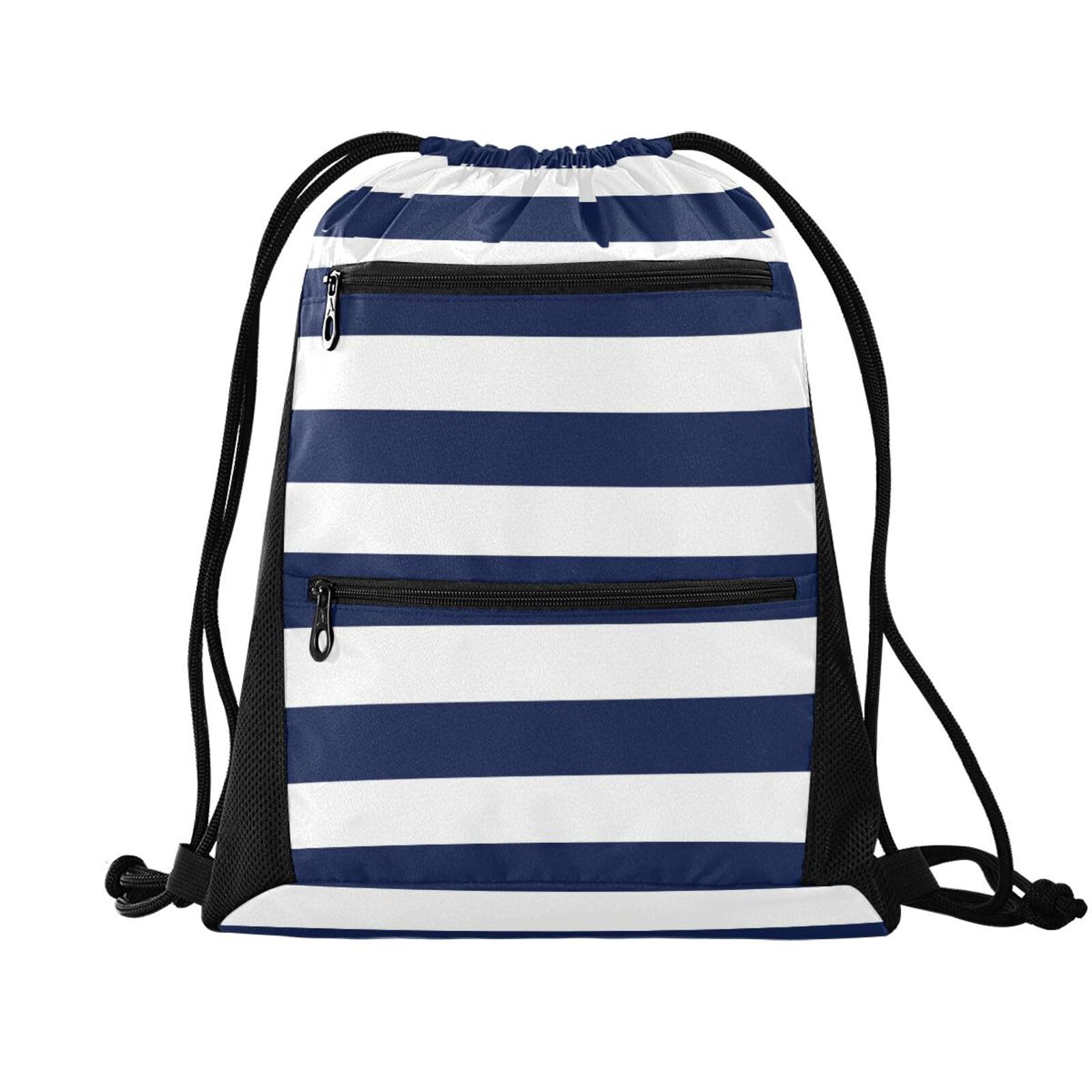 FRODOTGV Navy Blue and White Stripes Drawstring Backpack with Mesh Pockets Sports Gym Yoga Sackpack Water Resistant String