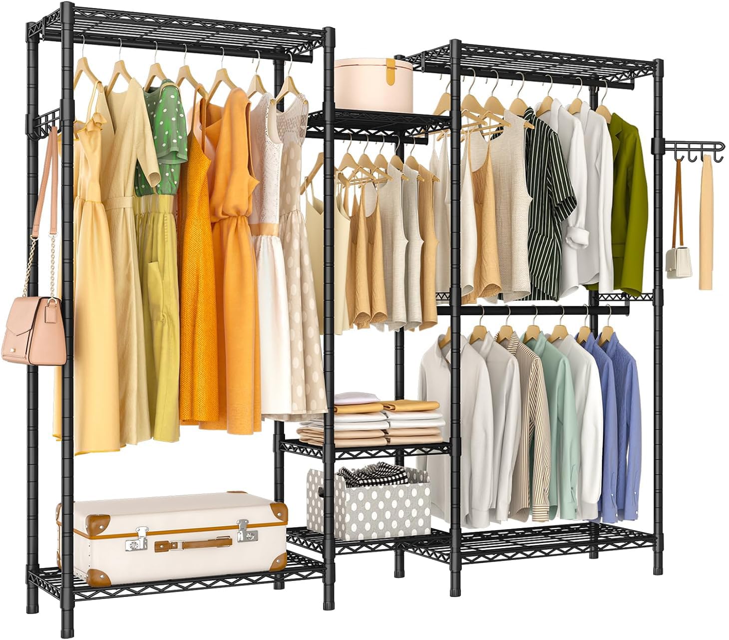 Heavy Duty Garment Rack, Portable Wardrobe Clothes Rack Freestanding Adjustable Clothing Rack with 7 Tiers Adjustable Wire Shelving and 4 Hanger Rods, Max Load 920LBS, Black