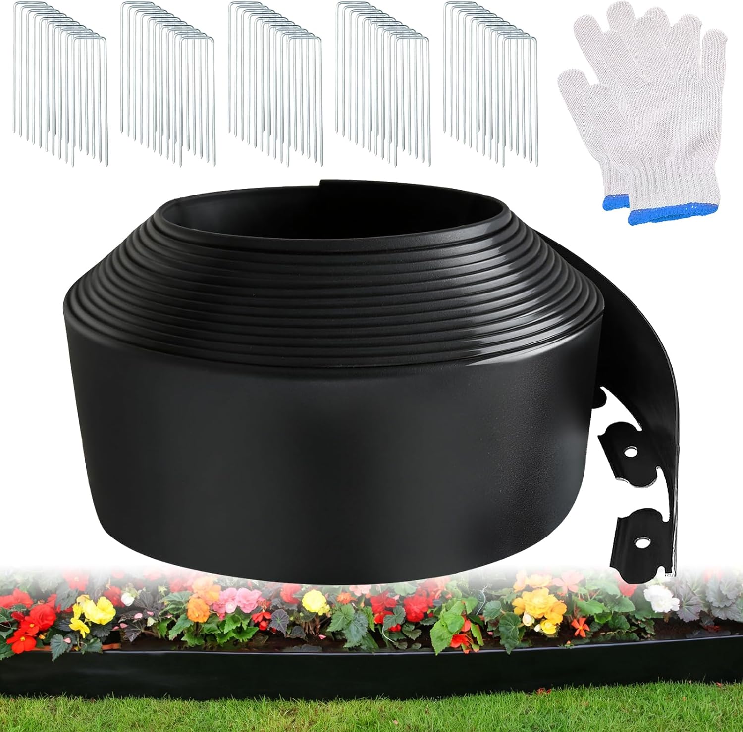 Garden Edging Border, 4 Inches Tall, 40 Feet Landscape Border Edging with 50 Metal Stakes, Plastic Edging for Landscaping, Flower Beds, Yards, Tree Rings, and Lawn Borders