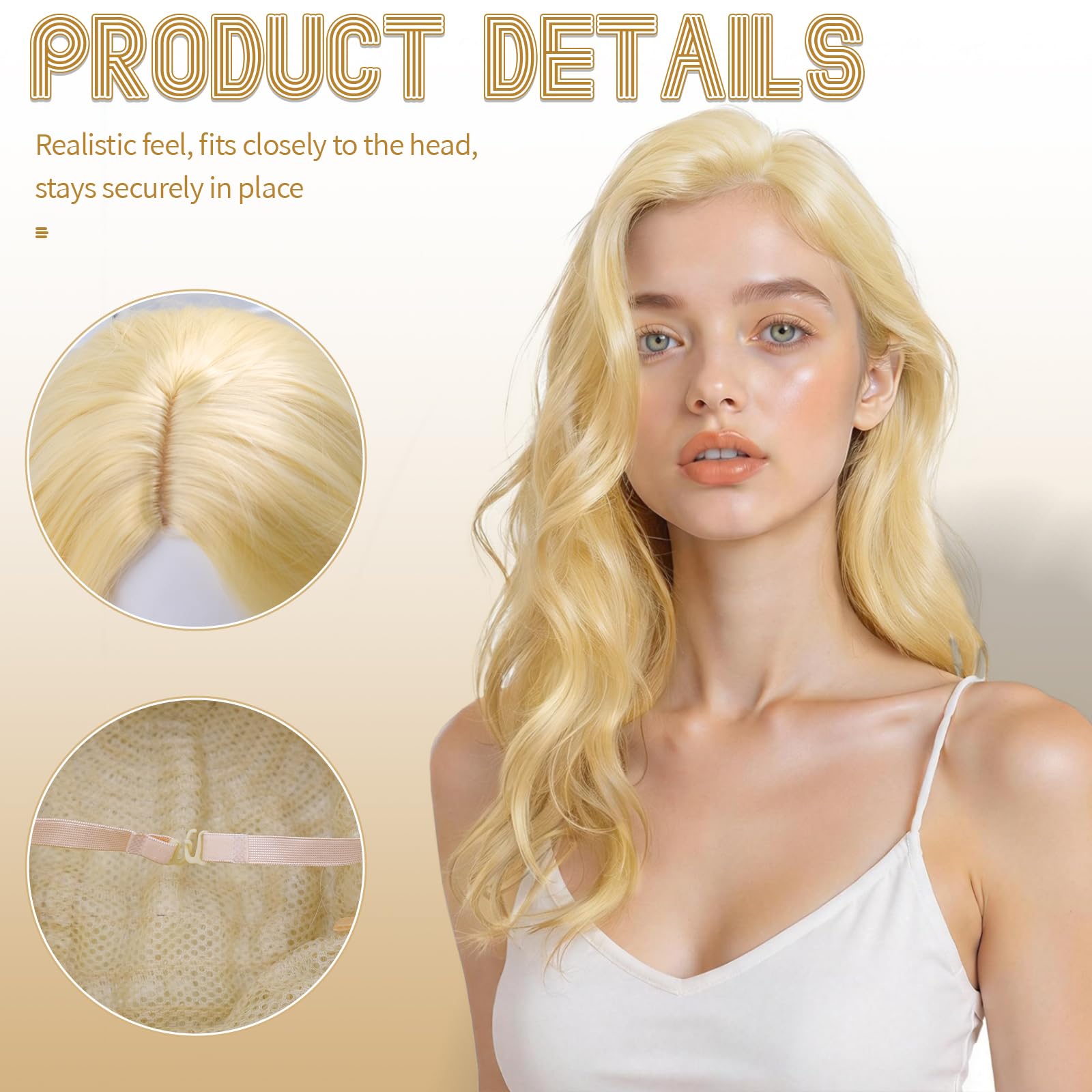 Blond peruka damska, długość 70 cm, kręcona peruka z naturalnie dociągniętą linią włosów, naturalny wygląd, włókna syntetyczne, odporne na wysokie temperatury, do cosplay, na co dzień, na