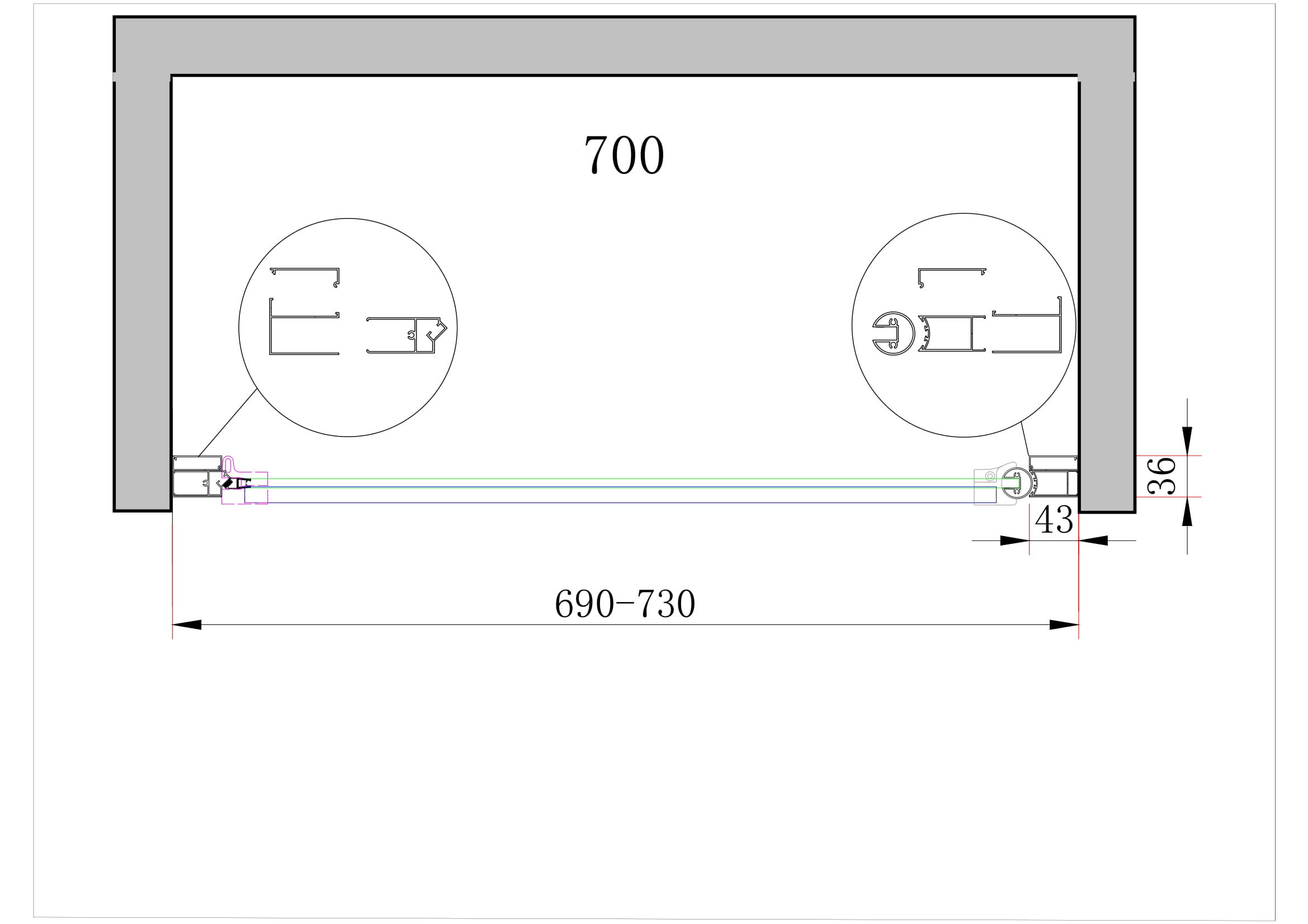 Porte de douche de 8 mm à battant pour installation en niche H.200 réversible (69-73)