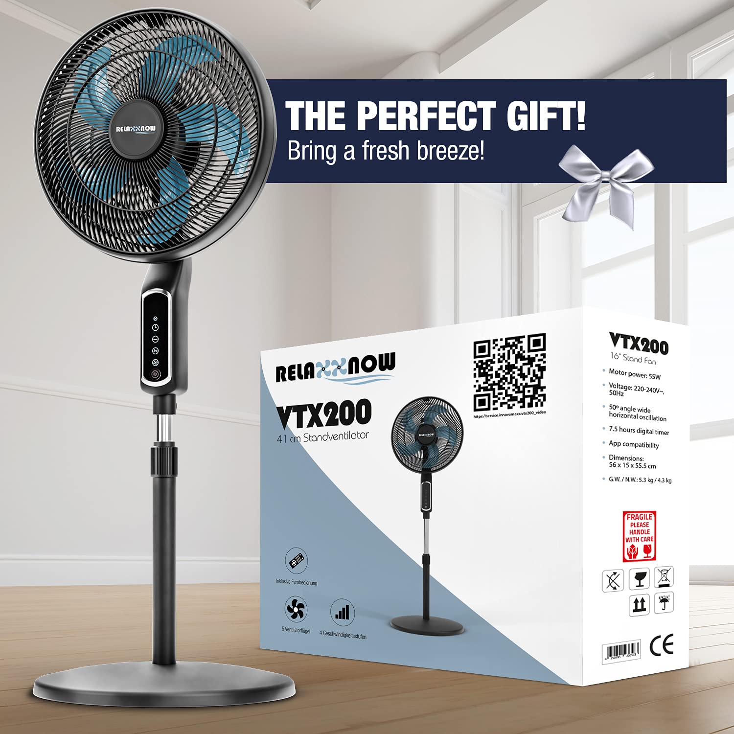 RelaxxNow 2in1 Pedestal Fan 55 W Extremely Quiet 43 dB LED Touch