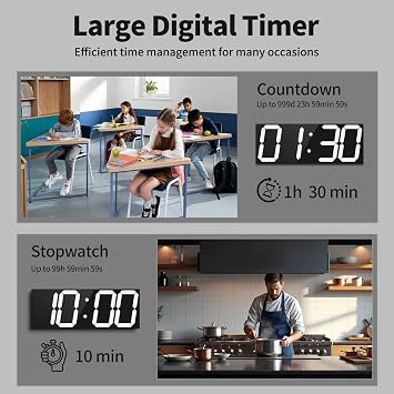 CHKOSDA 18.7'' Automic Digital Wall Clock, LED Digital Clock with Large Display, Multi-Function Wall Clock with Alarm and Timer, Auto Time Sync Clock with Adjustable Brigthness(White)