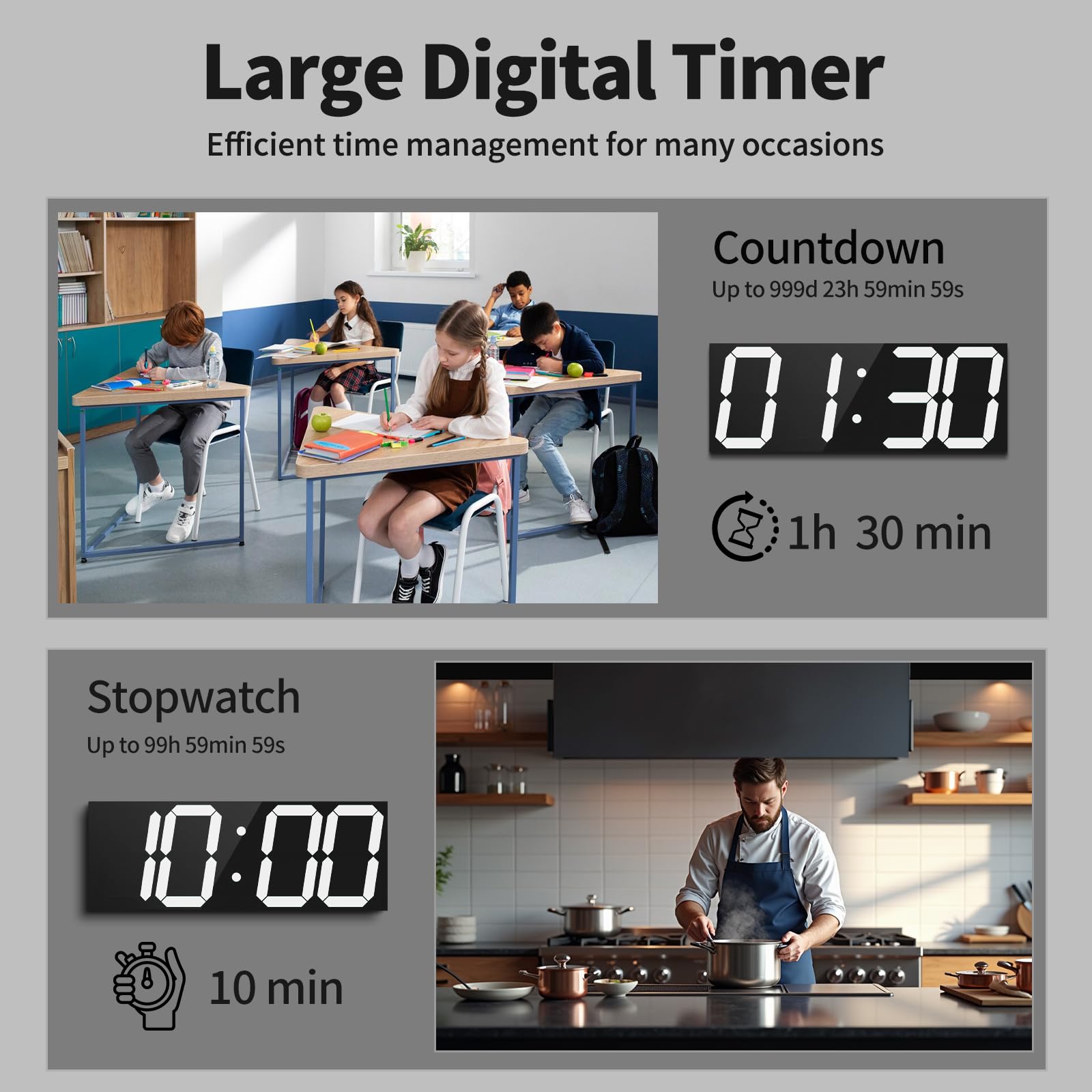 CHKOSDA Reloj de pared digital automático de 18.7 pulgadas, reloj digital LED con pantalla grande, reloj de pared multifunción con alarma y temporizador, reloj de sincronización automática de hora con