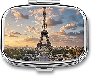 Portable Pill Organizer French Paris Tour Eiffel Tower Small Pill Box 2 Compartment Medicine Vitamin Organizer Travel Medicine Organizer with Mirror & Button Closure Cute Medication Case for Purse
