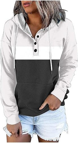 Sudaderas casuales con capucha para mujer, con bloques de color, manga larga, con botones, cordón y bolsillo