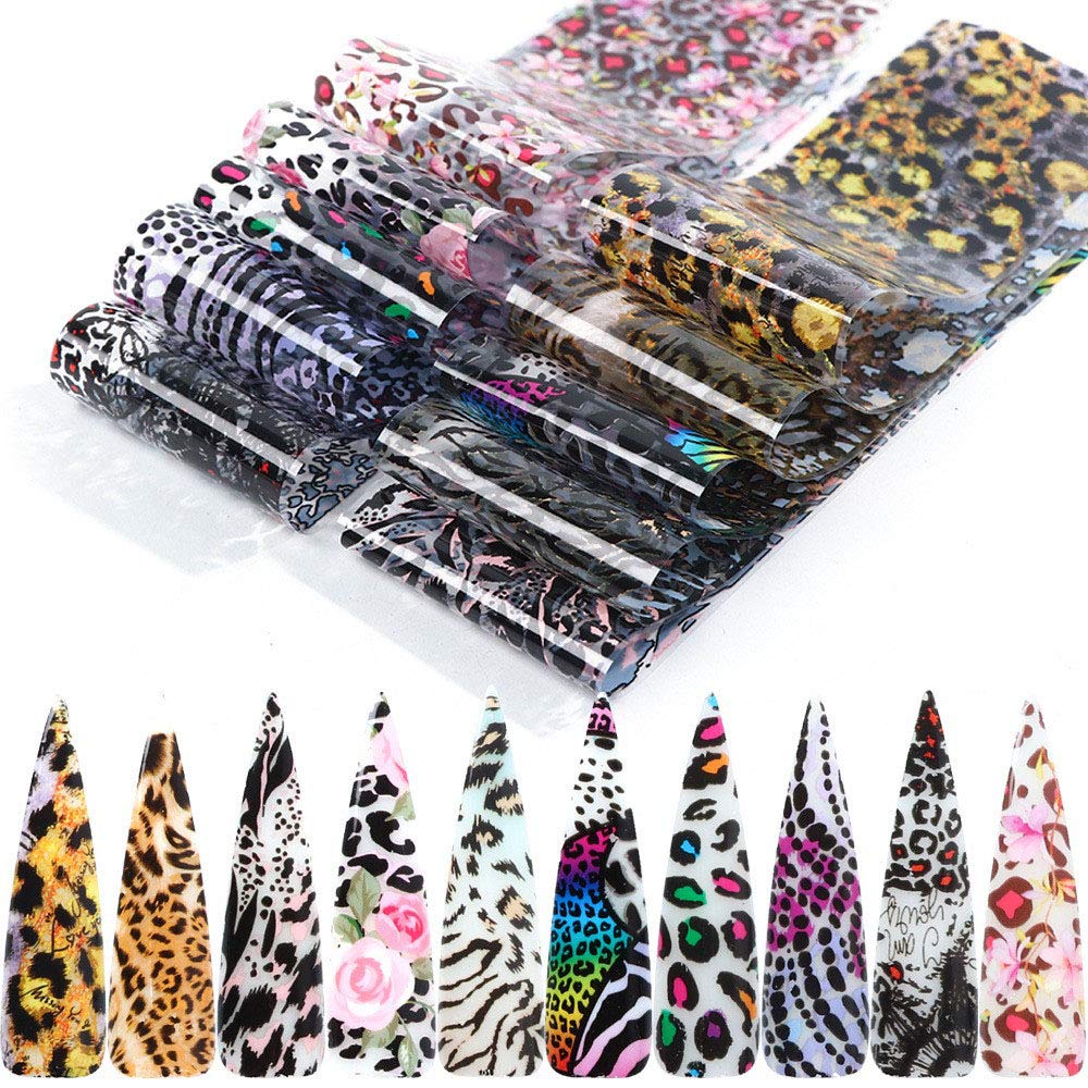 Lookathot10Sheets Laser Leopard Pattern Sky Stars Nail Art Stickers Symphony Foil Paper Printing Transfer Acrylic Decals DIY Decoration Tools (#1 Clear(10Sheets))