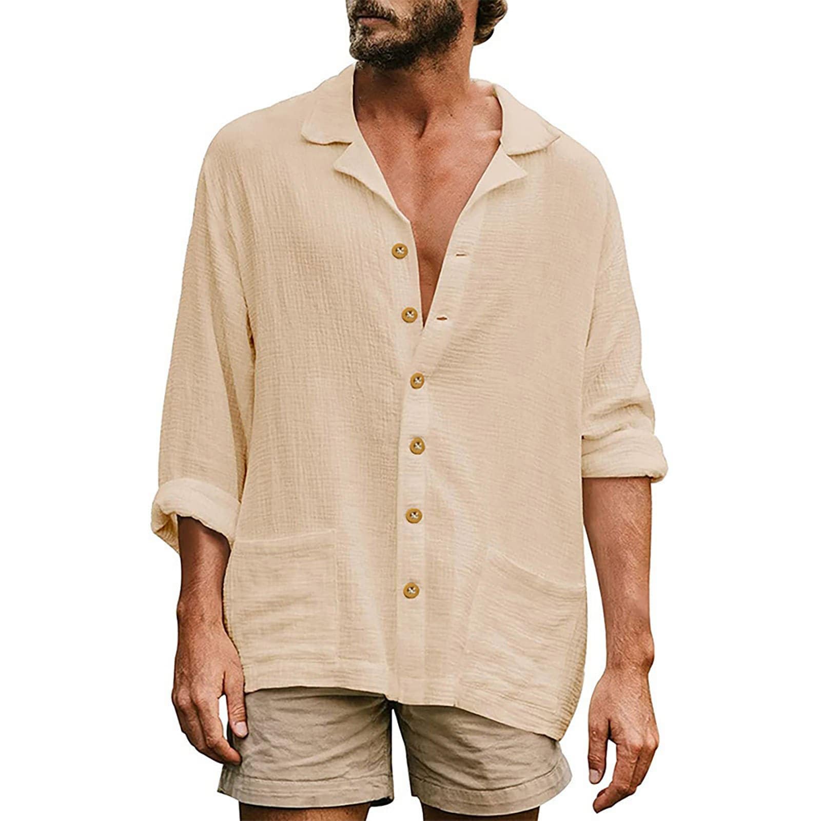 Mens Linen Shirts Long Sleeve T Shirt Mens Button Down Collar Shirts for Men Non Iron Shirt with Pockets Casual Business Classic Fit Tops Lightweight Linen Plus Size Top