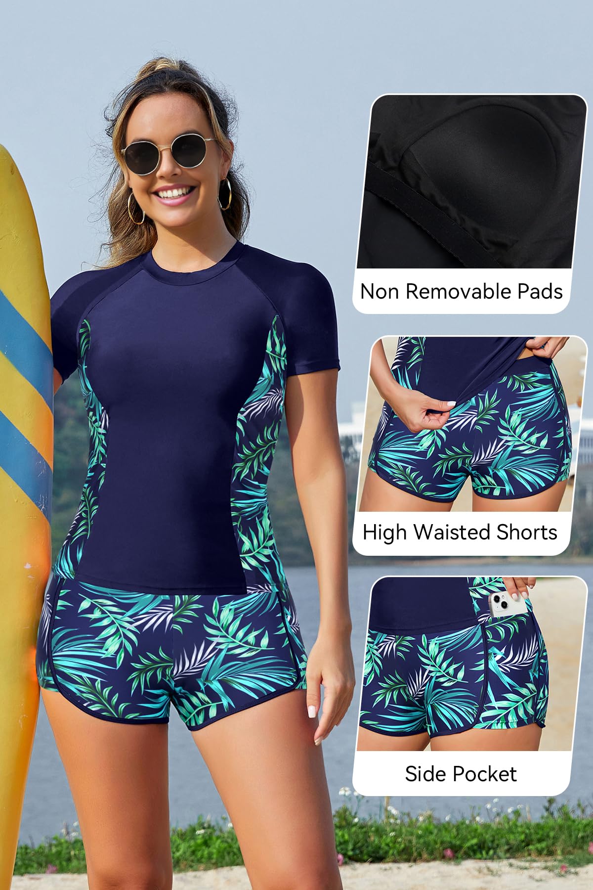 SHEKINI Costume da bagno da donna a maniche corte e pantaloncini, 2 pezzi, protezione solare, rash guard, costume da bagno sportivo modesto
