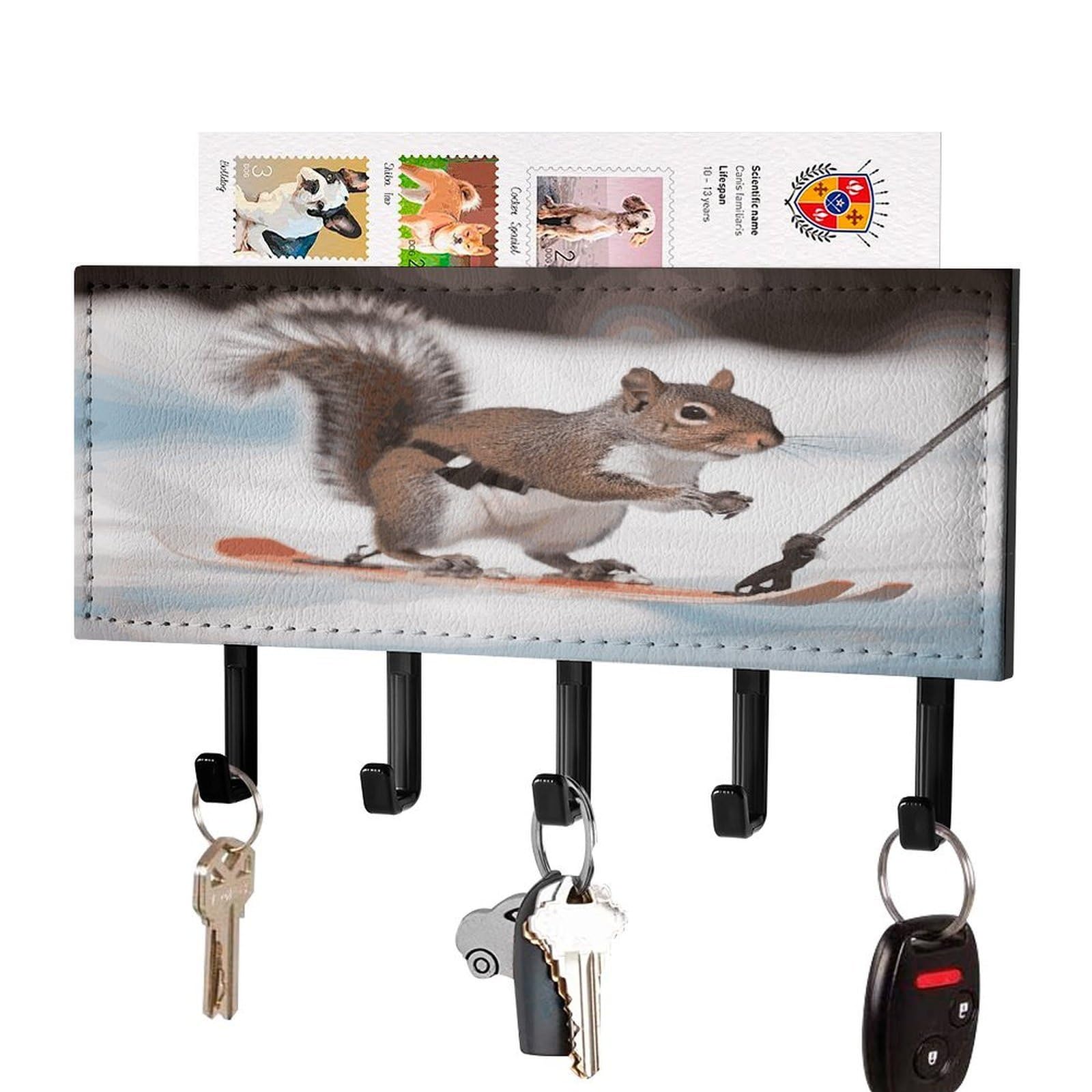 LDGSUPH Skiing Squirrel Key Holder Wall Mount Key Hanger with 5 Hooks Fashion Key Organizer Rack Hanging Key Hooks with Mail Organizer Key Rack for Home Entryway Hallway Black-Style