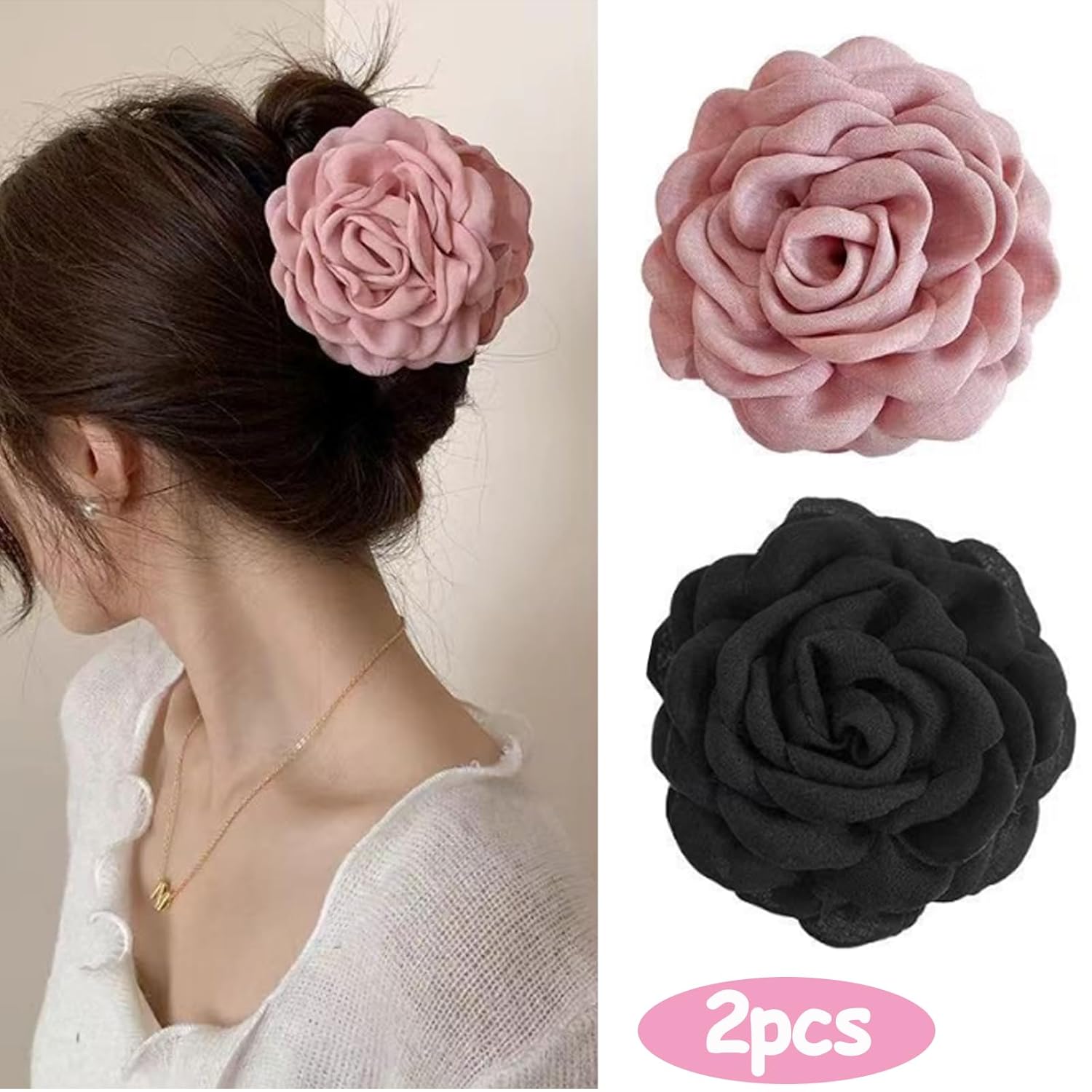 2pcs Rose Flower Hair Claw Clips Large Blooming Rose Hair Clips Floral Hair Clips Hair Claws for Women Girls (Black+Pink) - Image 2