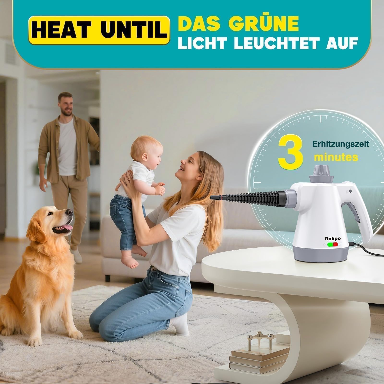 Rolipo Dampfreiniger Handgerät mit 12-Teiligem Zubehör, 1050W Steam Cleaner für Haushalt, Küche, Bad, Fenster, Polster & Auto–100% Chemiefrei, Hochdruck-Dampf gegen Schmutz Fett & Bakterien
