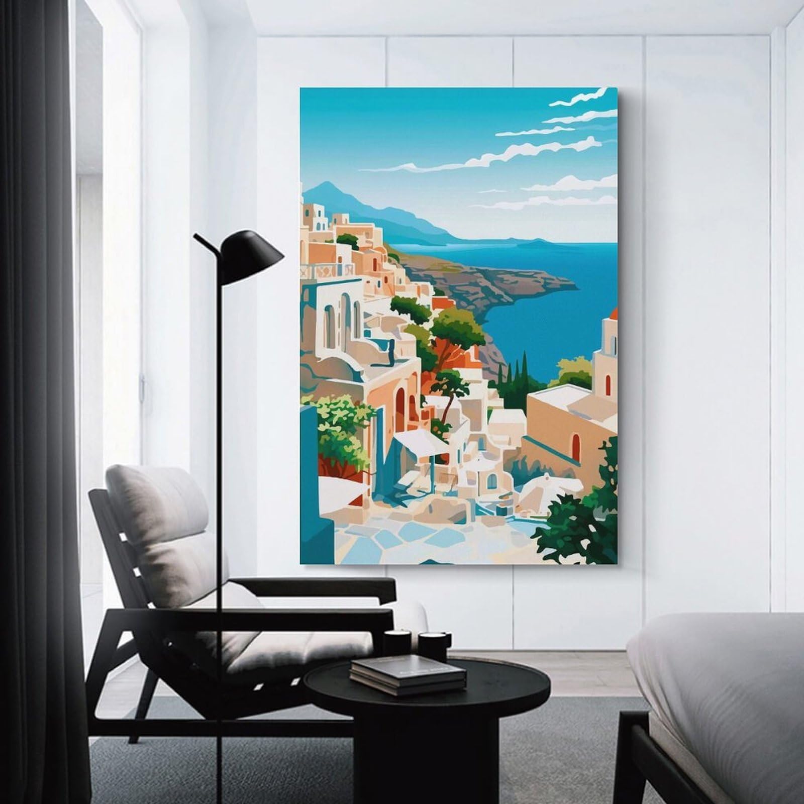 Junmoney Mediterranean Village Seascape Wall Art Print, 20x30inch(50x75cm), for Entrance Spaces, Stair Walls Or Halls, Home Artwork for First Impressions