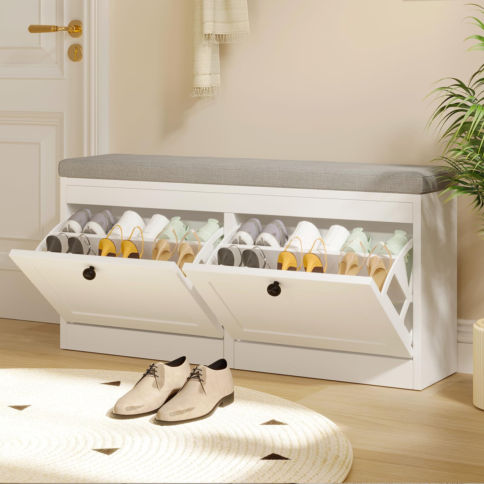 VOWNER Meuble Chaussures, Banc de Rangement à Chaussures, avec Coussin Confortable, Meuble d'entrée Rangement pour Chaussures, 106 x 31 x 52 cm, Séparateurs Réglables (Blanc)