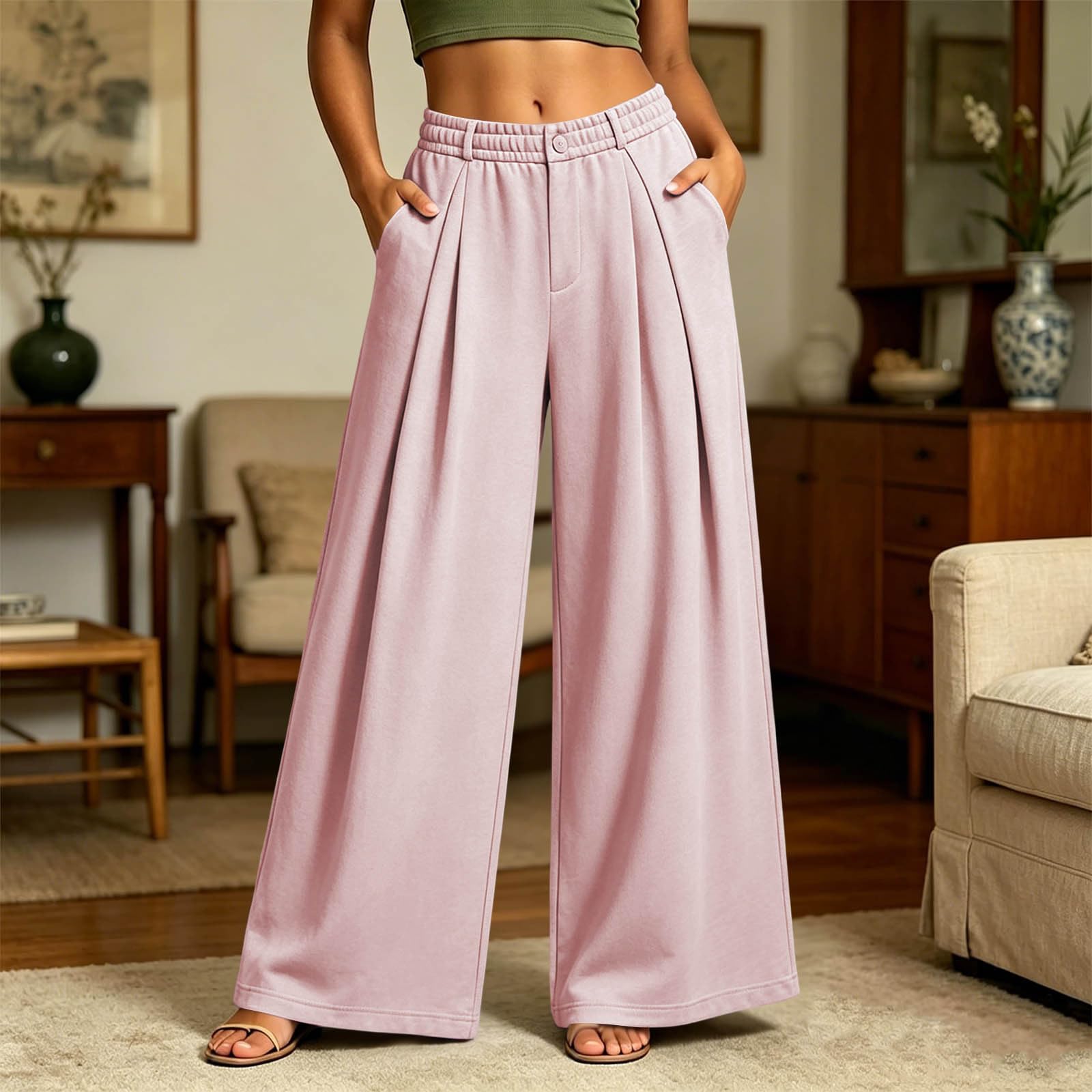 Pantalon Large Femme Bouton Taille Élastique Poch Doubles Fermeture Éclair