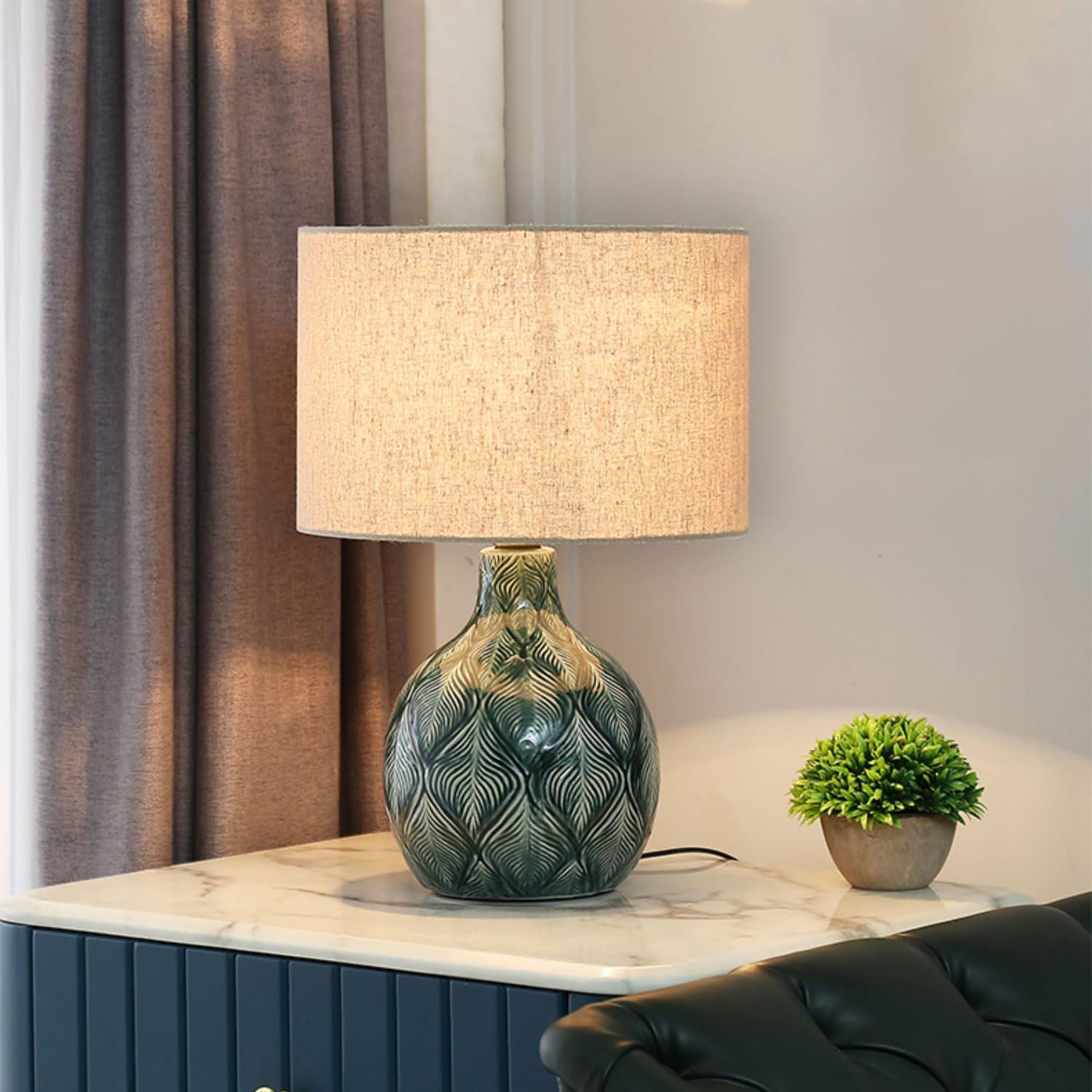 SGKOMN Rustic Country Cottage Style Table Lamps 19.7" Tall Peacock Feather Pattern Carving End Table Lamps Fabric Drum Shade Decor For Living Room Bedroom House Bedside Nightsta-B