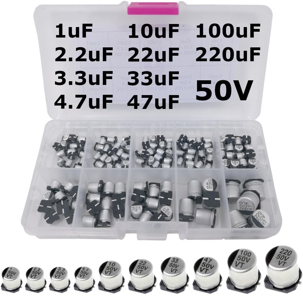 SMD Aluminum Electrolytic Capacitor 50V Assortment: 1uF, 2.2uF, 3.3uF, 4.7uF. 10uF. 22uF, 33uF, 47uF, 100uF, 220uF