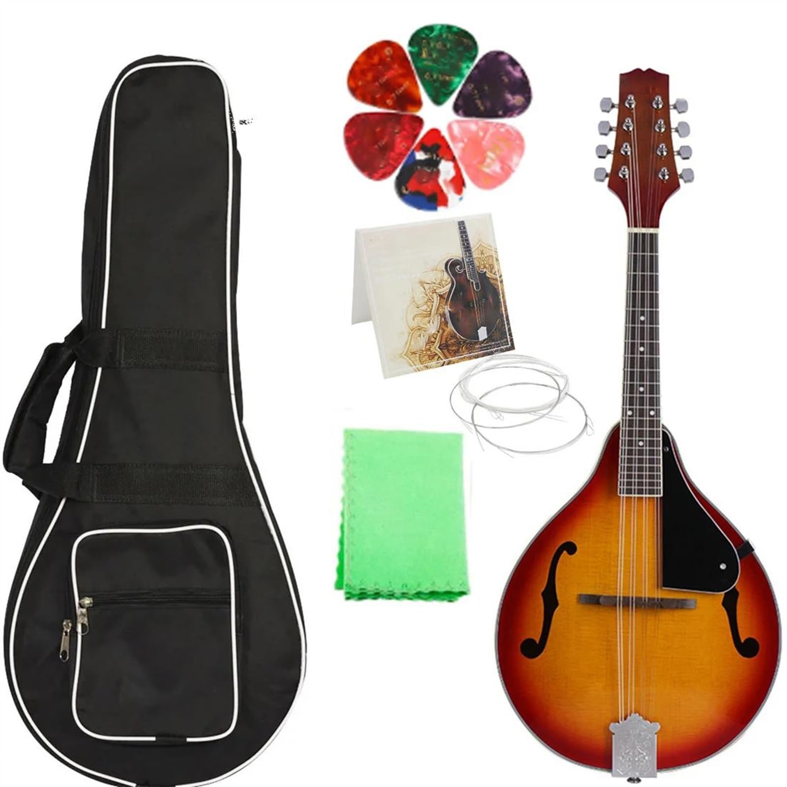 Principiante mandolina Mandolina De 8 Cuerdas, Instrumento Melódico Clásico Mandolina De Estilo A Con Mochila De Transporte Accesorios De Tela(Sunset Set)