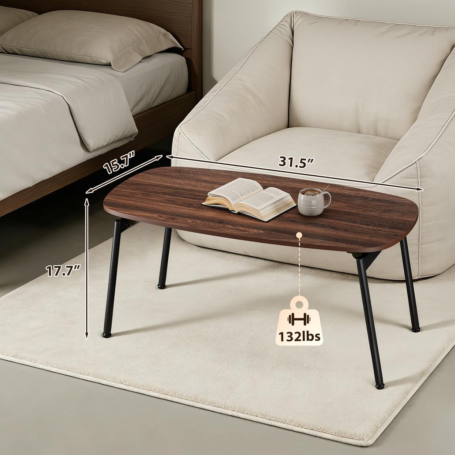 VINGLI 31.5" Folding Coffee Table, Portable Small Coffee Tables for Living Room, Foldable Center Table for Small Spaces, No Assembly Needed, Walnut