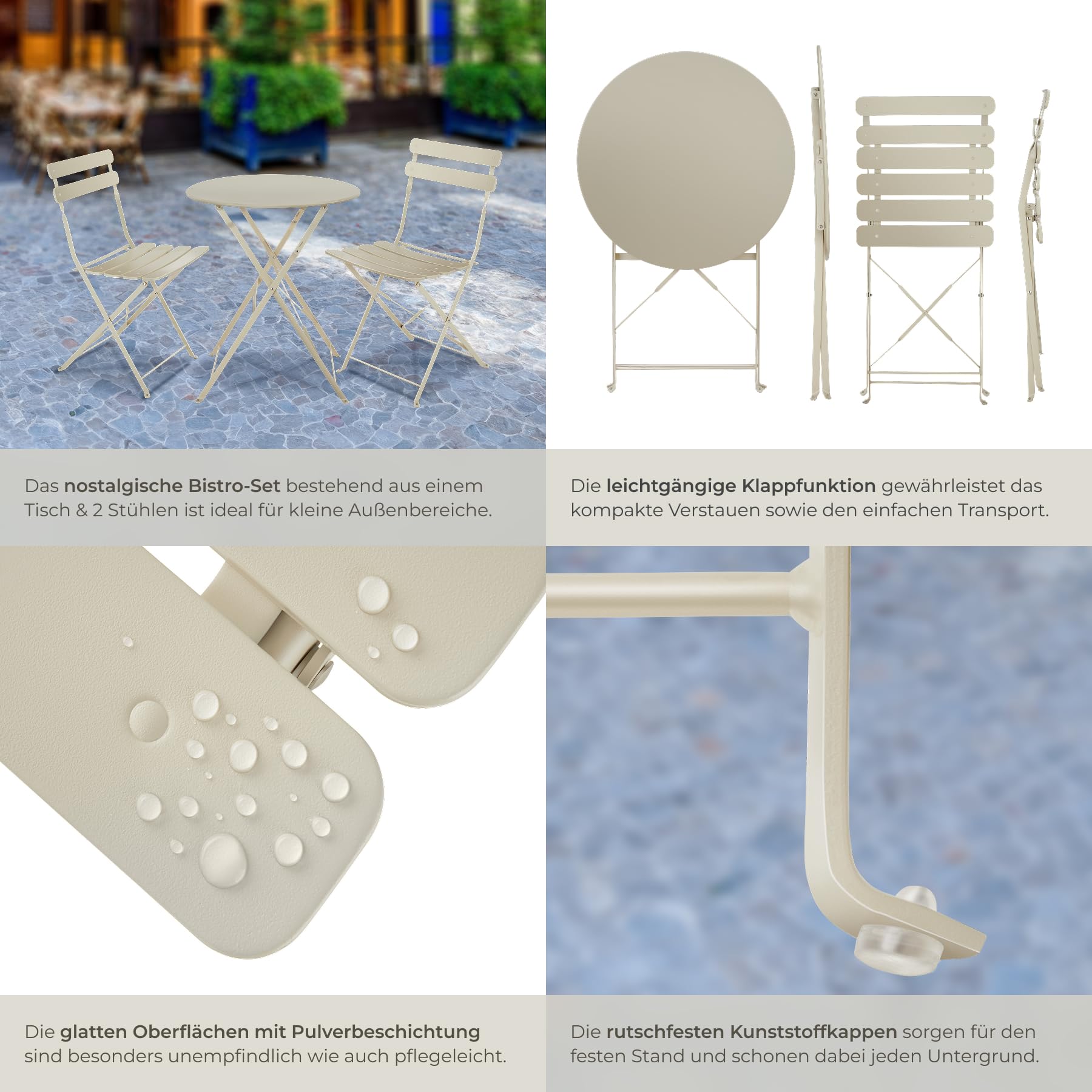 tectake® Gartenmöbel Bistro Set aus Gartentisch mit Stühlen, Balkonmöbel Kleiner Balkon, Klapptisch mit 2X Gartenstuhl, Outdoor Sitzgruppe mit Balkontisch, wetterfest für Garten, Balkon (Creme)