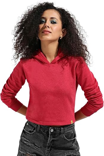 Campus Sutra Women's Zip-Front Crop Hoodie with Contrast Drawstring for Casual Wear | Hooded Neck | Long Sleeve | Drawstri...