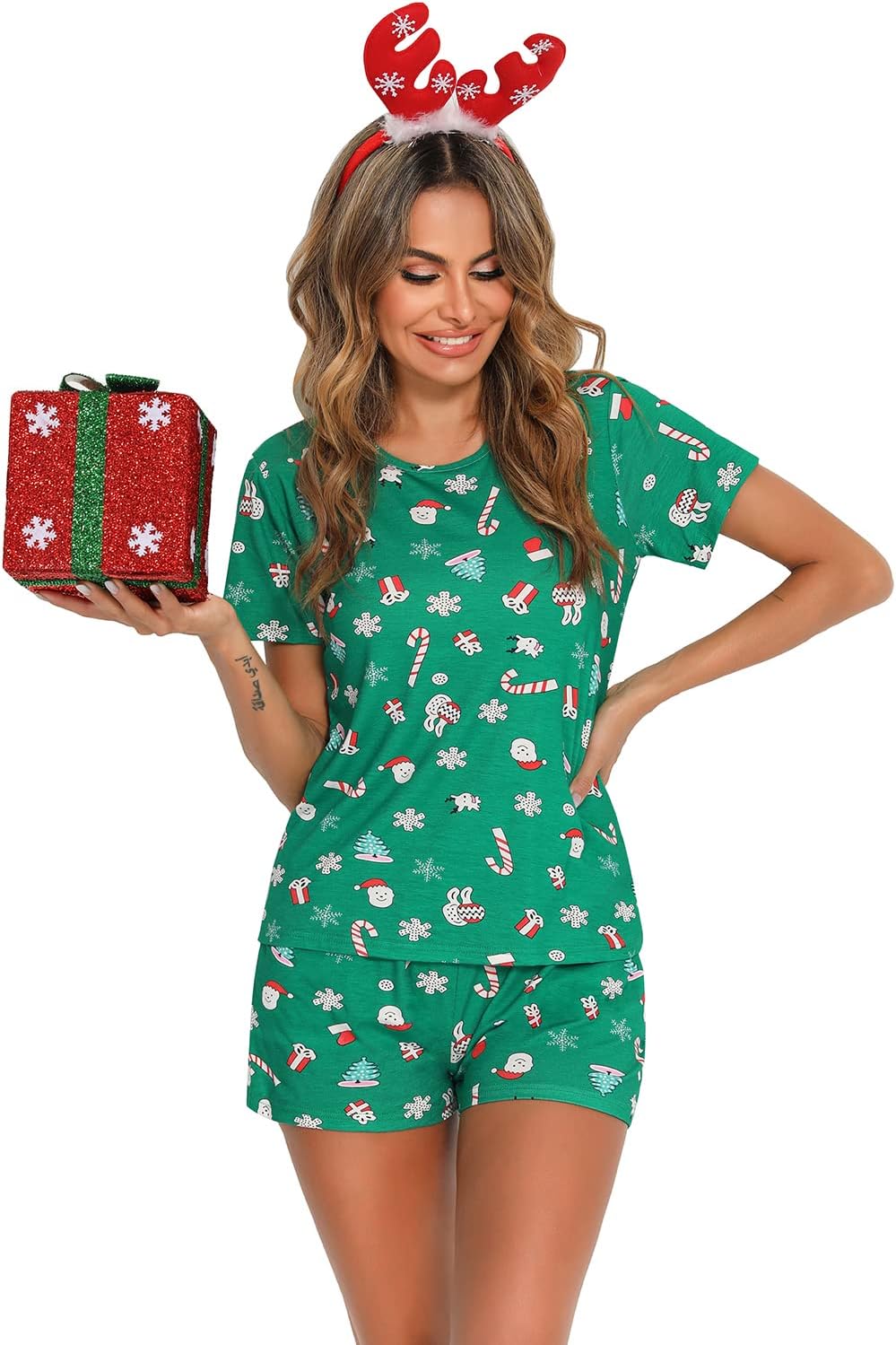 EISHOPEER Women's Pajamas Sets Cute Print Tee and Shorts Sleepwear Pjs Sets 2 Pieces Loungewear - Image 3