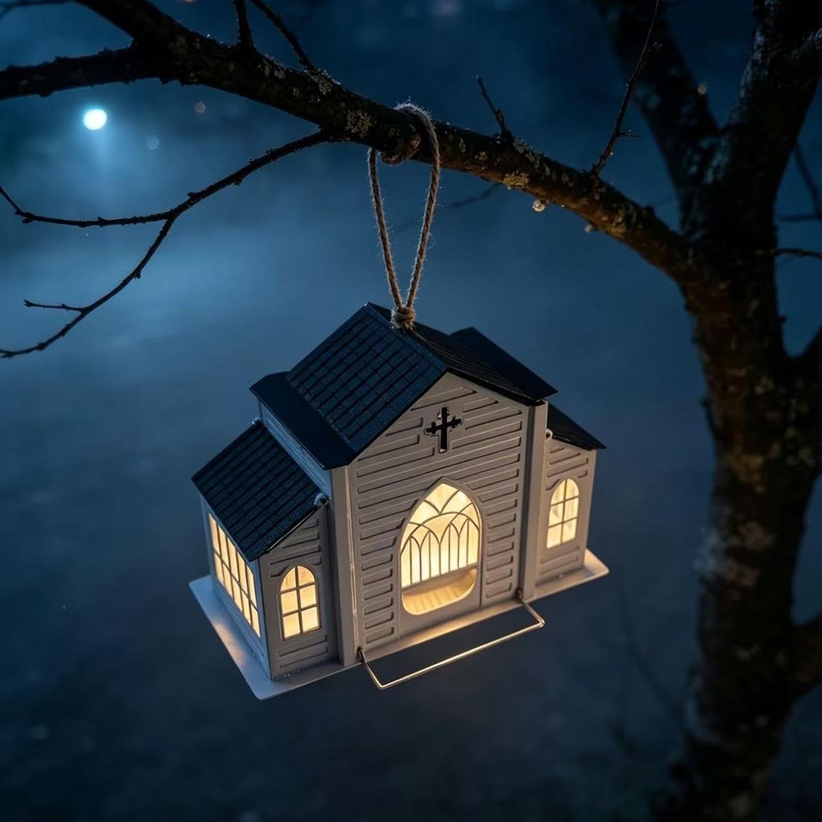 Mangiatoia Solare per Uccelli a Forma di Chiesa con Luce | Mangiatoia E | Mangiatoia per uccelli sospesa da esterno con luce solare per giardini, cortili, cortili, balconi e portici