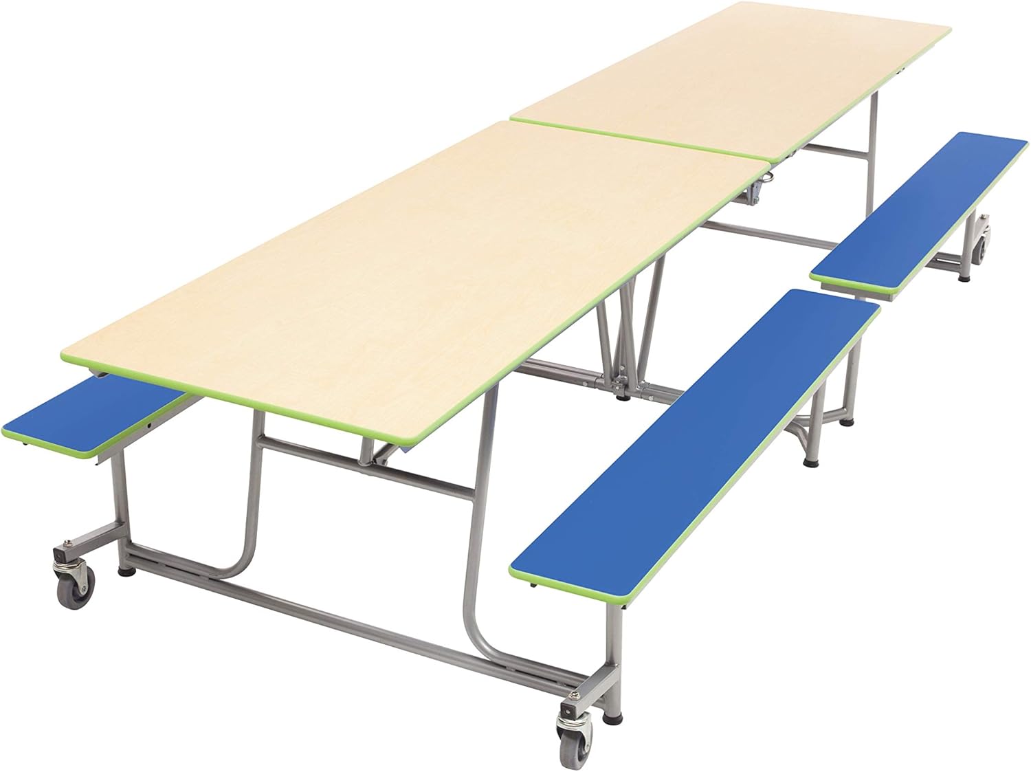 AmTab MBT10 Mobile Bench Table in unfolded position with light wood top and blue benches.
