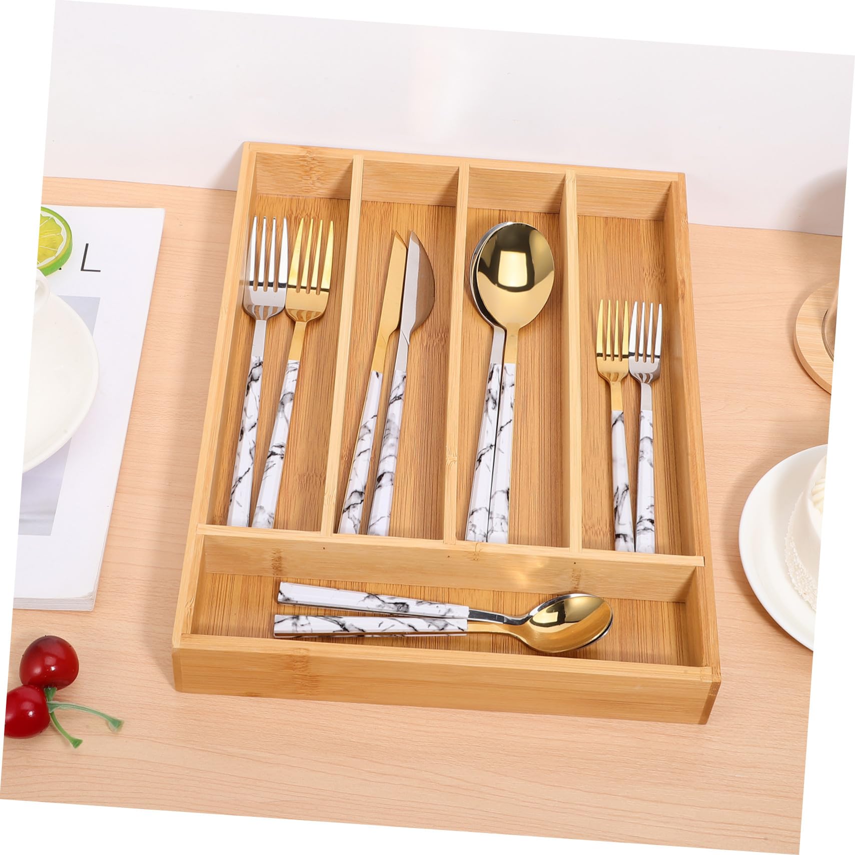 Organizador 5 Cajón de Bambú de Cocina para Cubiertos Marrón Ranuras | Bandeja de Almacenaje, Ranuras Multifunción, Acabado Elegante y Resistente al Desgaste, para Cocina