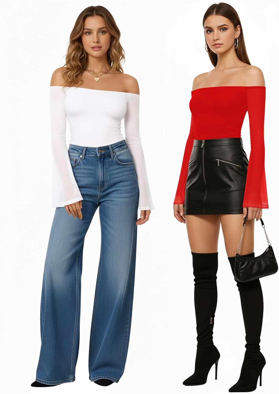 MANGOPOP Women's Off The Shoulder Double Lined Bodysuit Mesh Bell Sleeve Body Suits Sexy Going Out Fall Backless Tops 2025 - Image 5