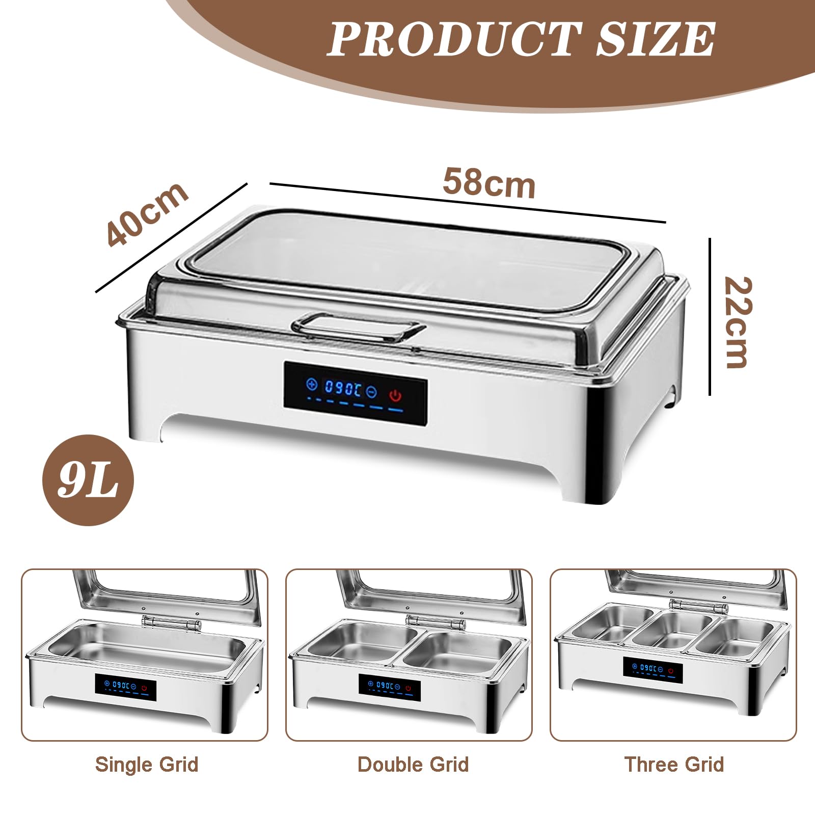 Juego de platos eléctricos para bufé, calentador de alimentos de acero inoxidable con control táctil inteligente para catering, fiestas, eventos y reuniones al aire libre