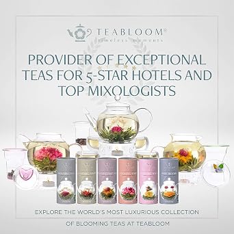 Teabloom Heart-Shaped Flowering Teas 12 Assorted Blooming Tea Flowers Green Tea + Jasmine, Pomegranate, Strawberry, Rose, Litchi & Peach