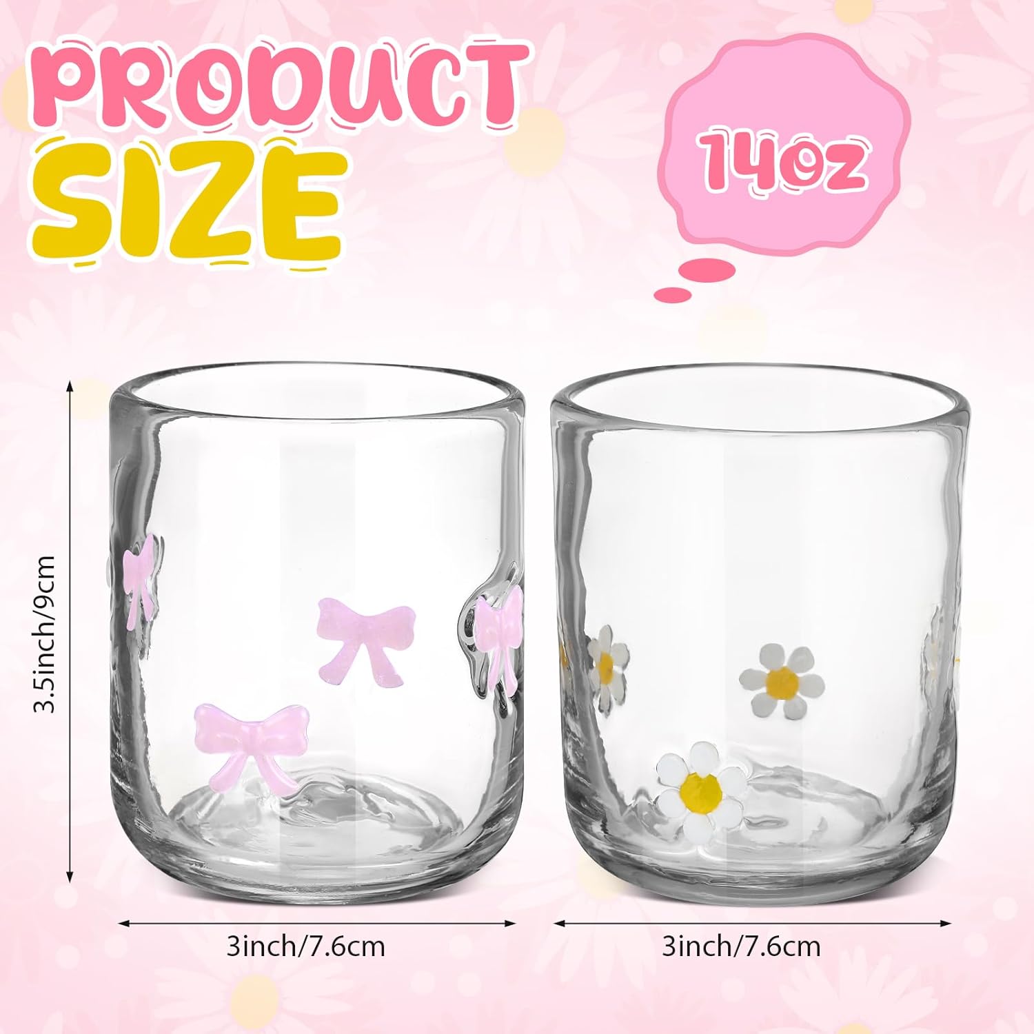 Skylety 2 Pack Icon Glass Cup Pink Bow Coquette Daisy Flower Cup 14 Oz Aesthetic Double Vintage Glasses for Valentine Gifts Woman Friend Summer Party Scotch Liquor Cocktail Juice Drinks Party Favors - Image 2
