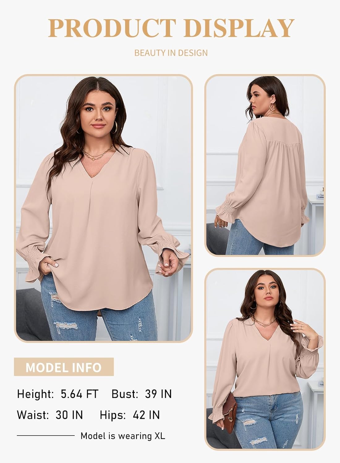 Eytino Plus Size Tops for Women Sexy V Neck Smocked Long Sleeve Blouse Loose Casual Work Shirts(1X-5X) - Image 4