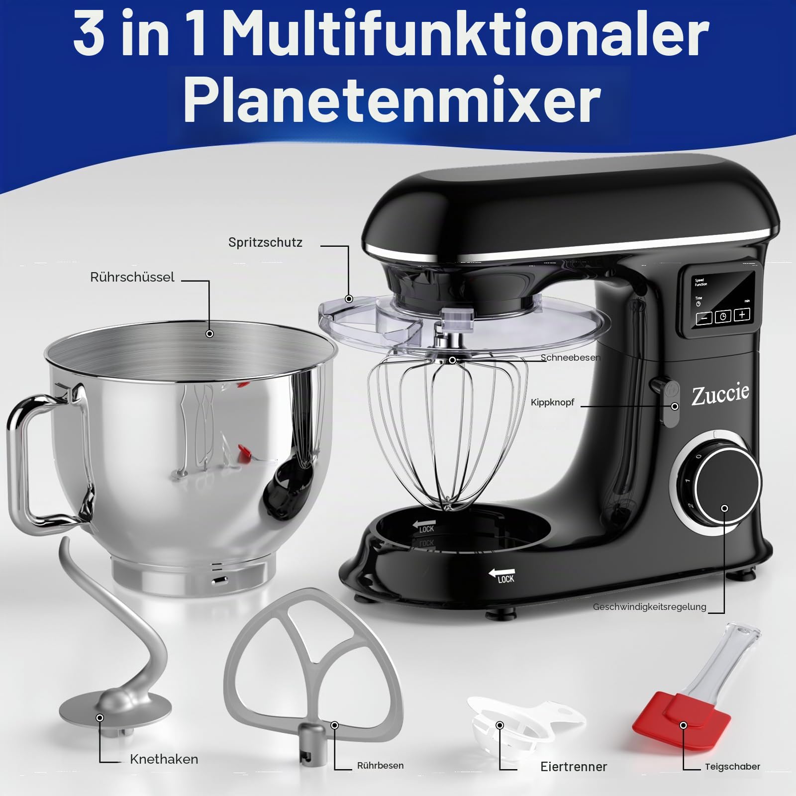 küchenmaschine 1500W 8L Knetmaschine 6 Geschwindigkeit Fermentationsfunktion+LCD knetmaschine mit Rührbesen, Knethaken, Schlagbesen